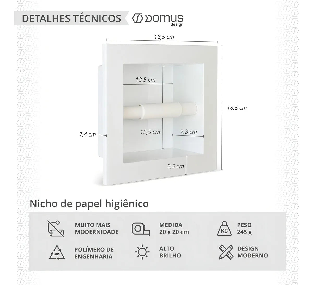 Nicho para Papel Higiênico de Embutir 20 x 20cm - Preto